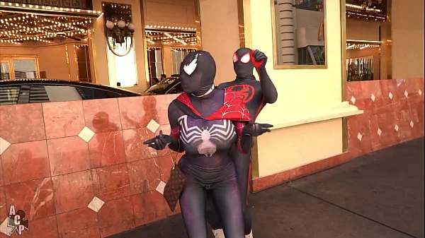 deepthroat,spiderman,cosplay,public,blowjob