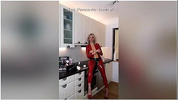massagestab,blonde,latex-catsuit,high-heels,heels