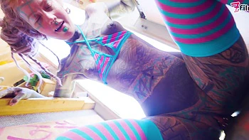 natural-tits,tattoo,long-hair,pigtails,bikini