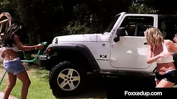 lesbian,car-wash,brunette,interracial,girl-on-girl